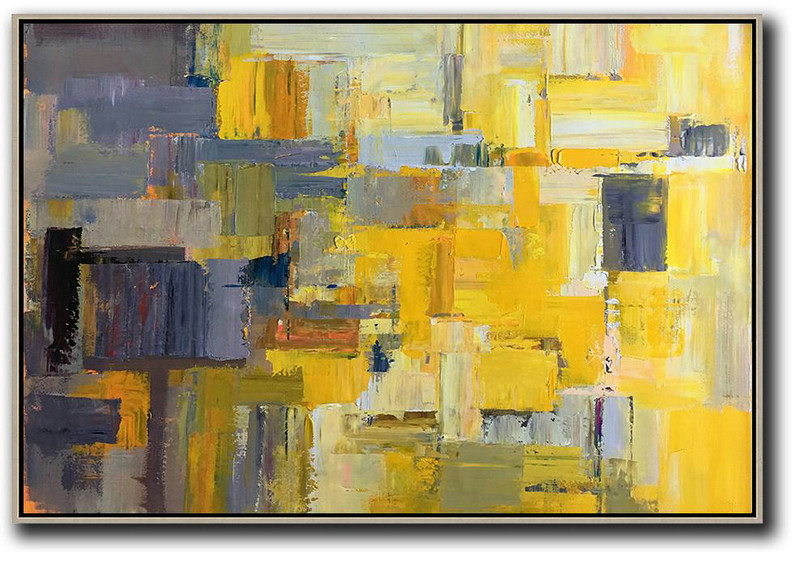 Original Abstract Painting Canvas Art,Horizontal Palette Knife Contemporary Art,Original Art Acrylic Painting,Yellow,Grey,White.Etc